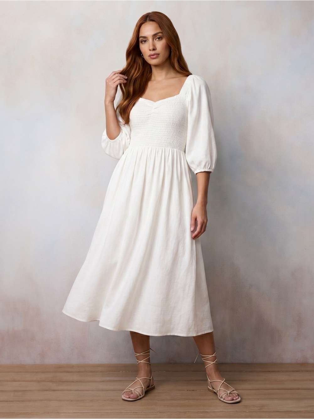 LC Lauren Conrad Cream Smocked Linen Midi Dress NWT XL - Picture 8 of 8